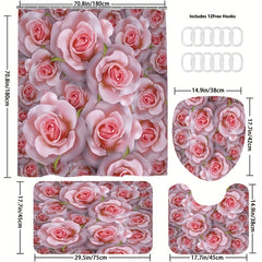 Flower Pattern Shower Curtain & Rug Set w/ 12 Hooks - Bathroom Decor