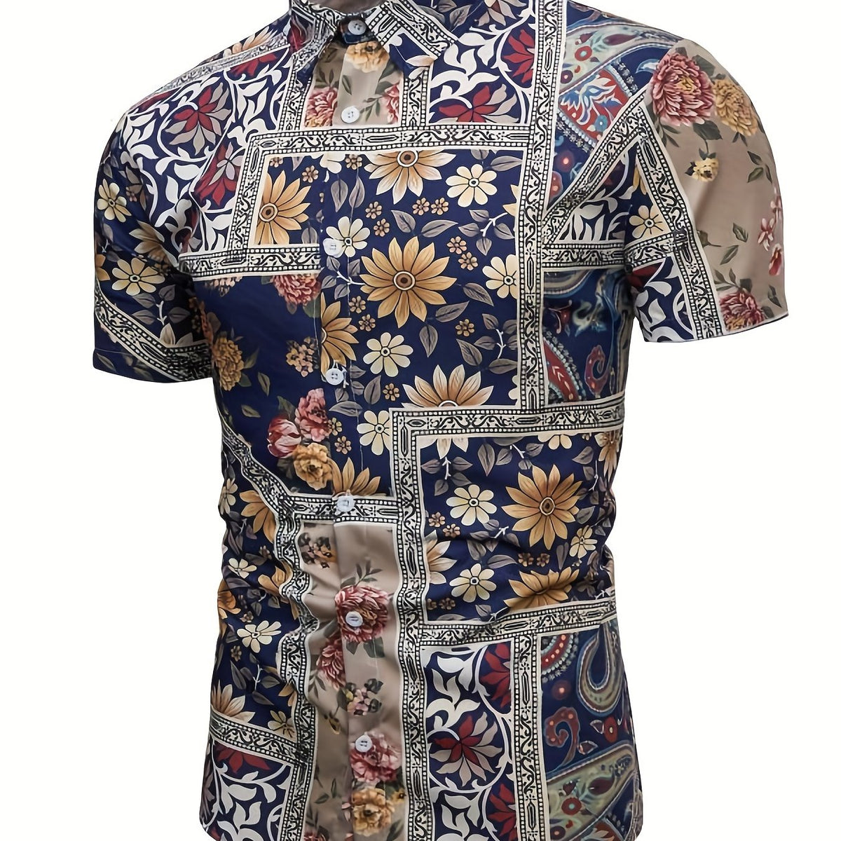 Flower Print Men's Casual Short Sleeve Shirt For Summer Vacation