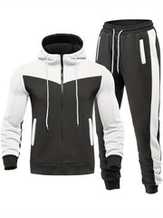 Men's Hooded Zip Jacket and Drawstring Sweatpants Set for Spring/Autumn