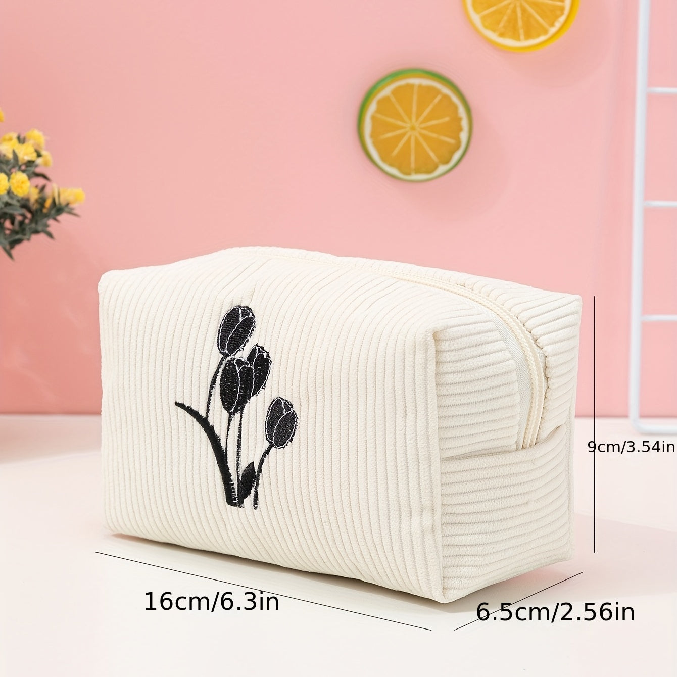 Tulip Embroidery Square Makeup Bag Roomy Zipper Toiletry Bag
