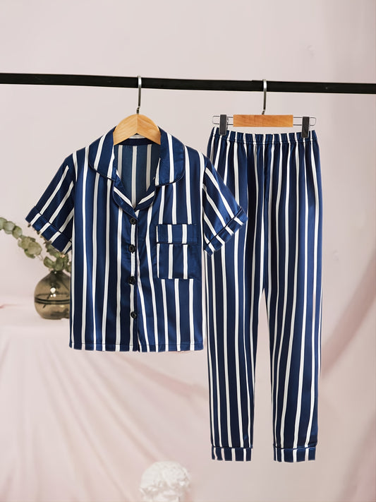 2pcs Toddler Girls PJ Set Casual Collar Sleeve Pants Pajama Set