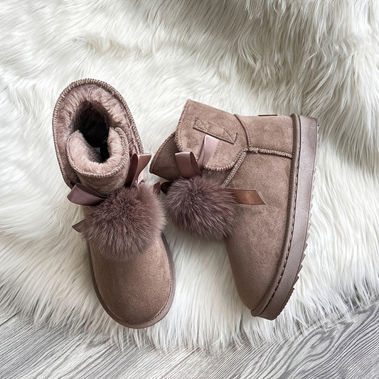 Plush Snow Boots Round Toe Bowknot Ankle Boots Women's Footwear