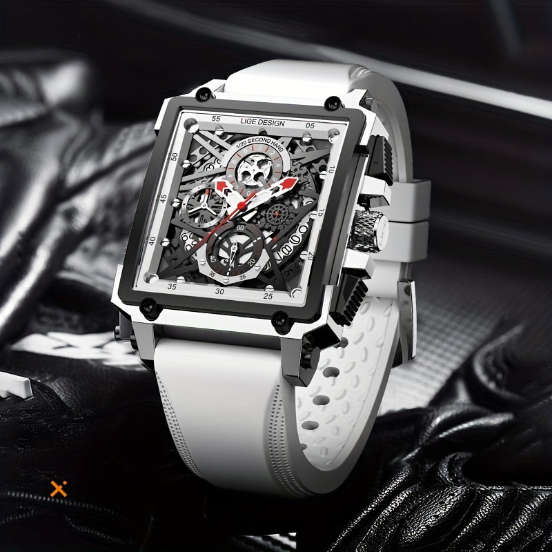LIGE Boy's Top Hollow Square Sport Watch Leather Strap Waterproof Quartz WristWa