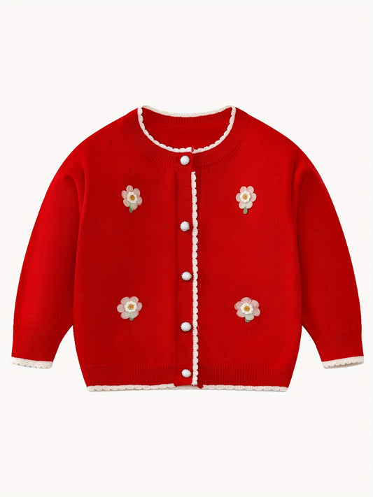 Baby Girl Sweater Coat With Small Flower Decor Knitted Cardigan