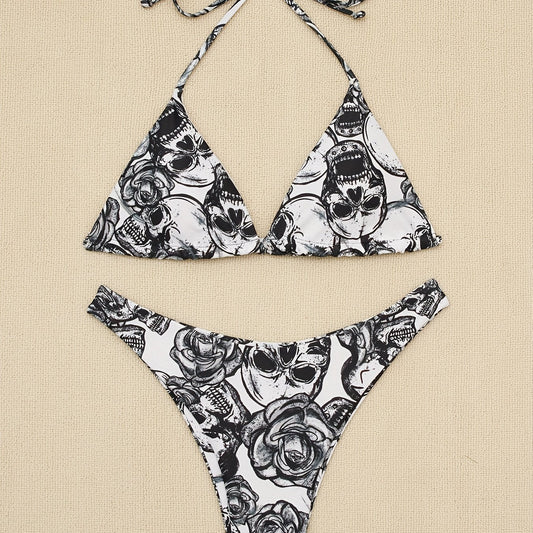 Skull & Floral Bikini Set V Neck High Cut Swimsuit