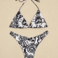 Skull & Floral Bikini Set V Neck High Cut Swimsuit