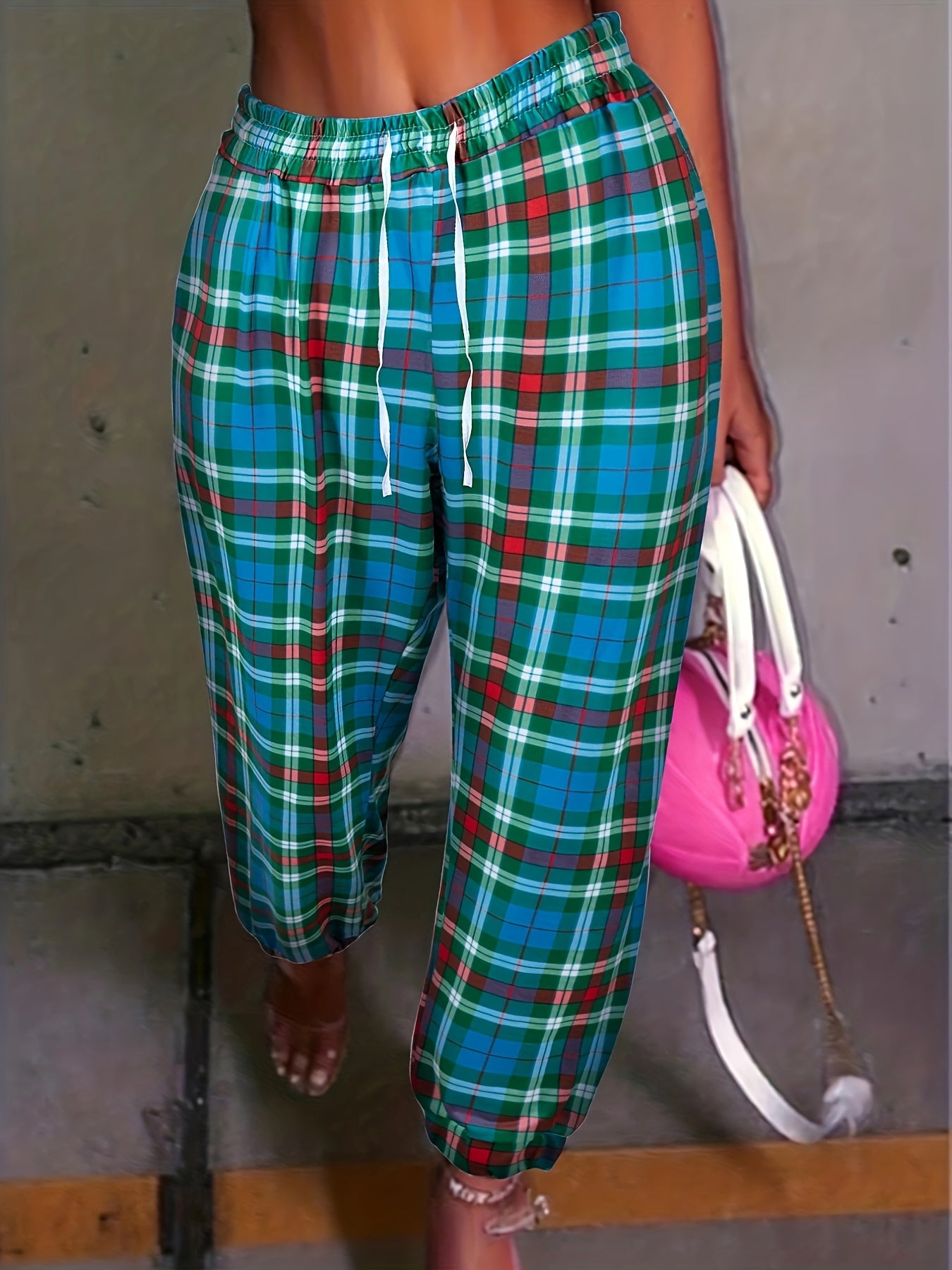  Plaid Print Elastic Drawstring Trousers