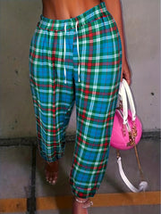  Plaid Print Elastic Drawstring Trousers