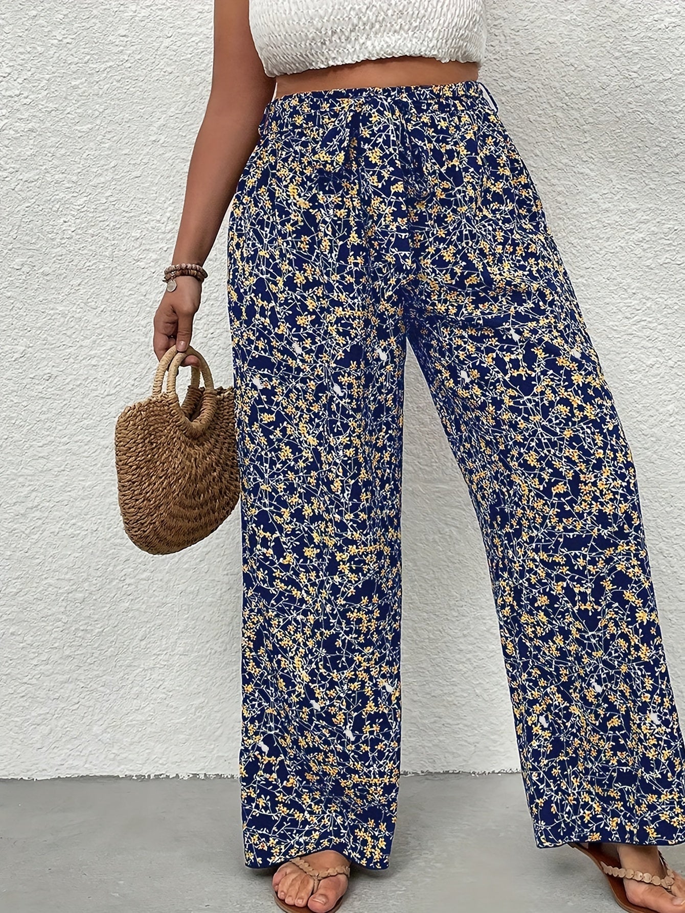  Boho Pants: Ditsy Floral Print High Rise Wide Leg Trousers With Belt