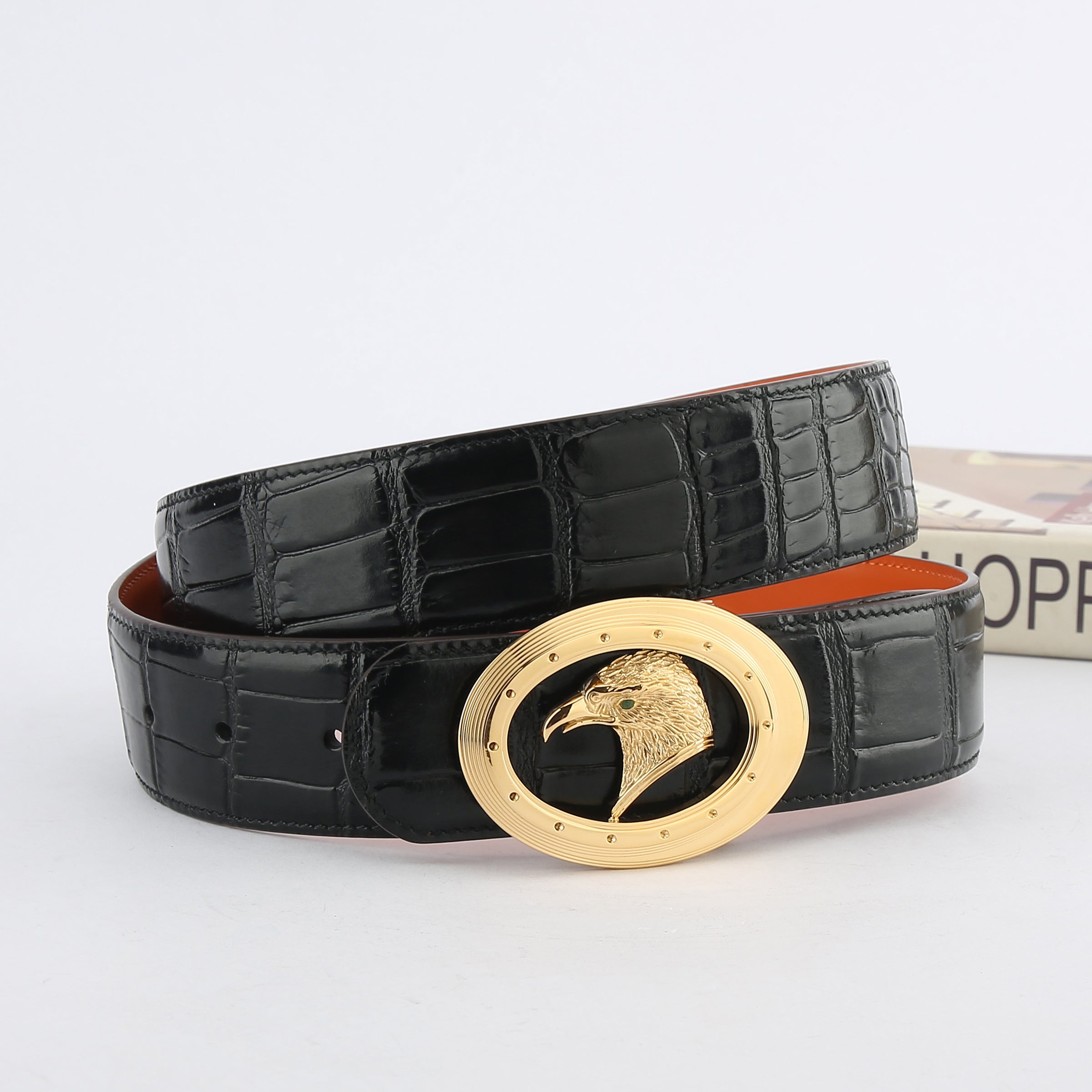 Cowhide Stainless Steel Eagle Head Buckle Crocodile Pattern Leather Belt