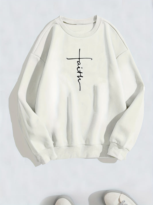 Faith Letter Print Sweatshirt Crew Neck Long Sleeve Women's Clothing