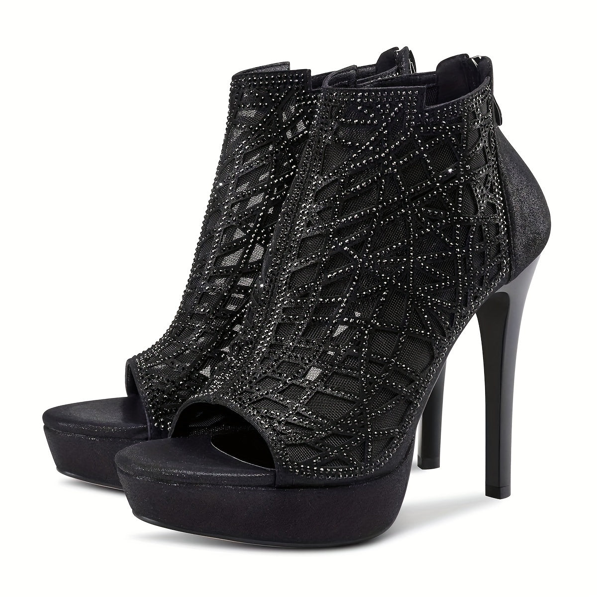 Crystal Decor Stiletto Platform Peep Toe Party Shoes
