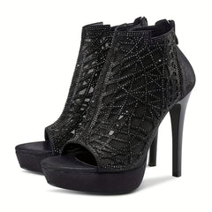 Crystal Decor Stiletto Platform Peep Toe Party Shoes