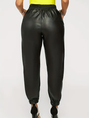  Solid Faux Leather Drawstring Trousers With Pockets