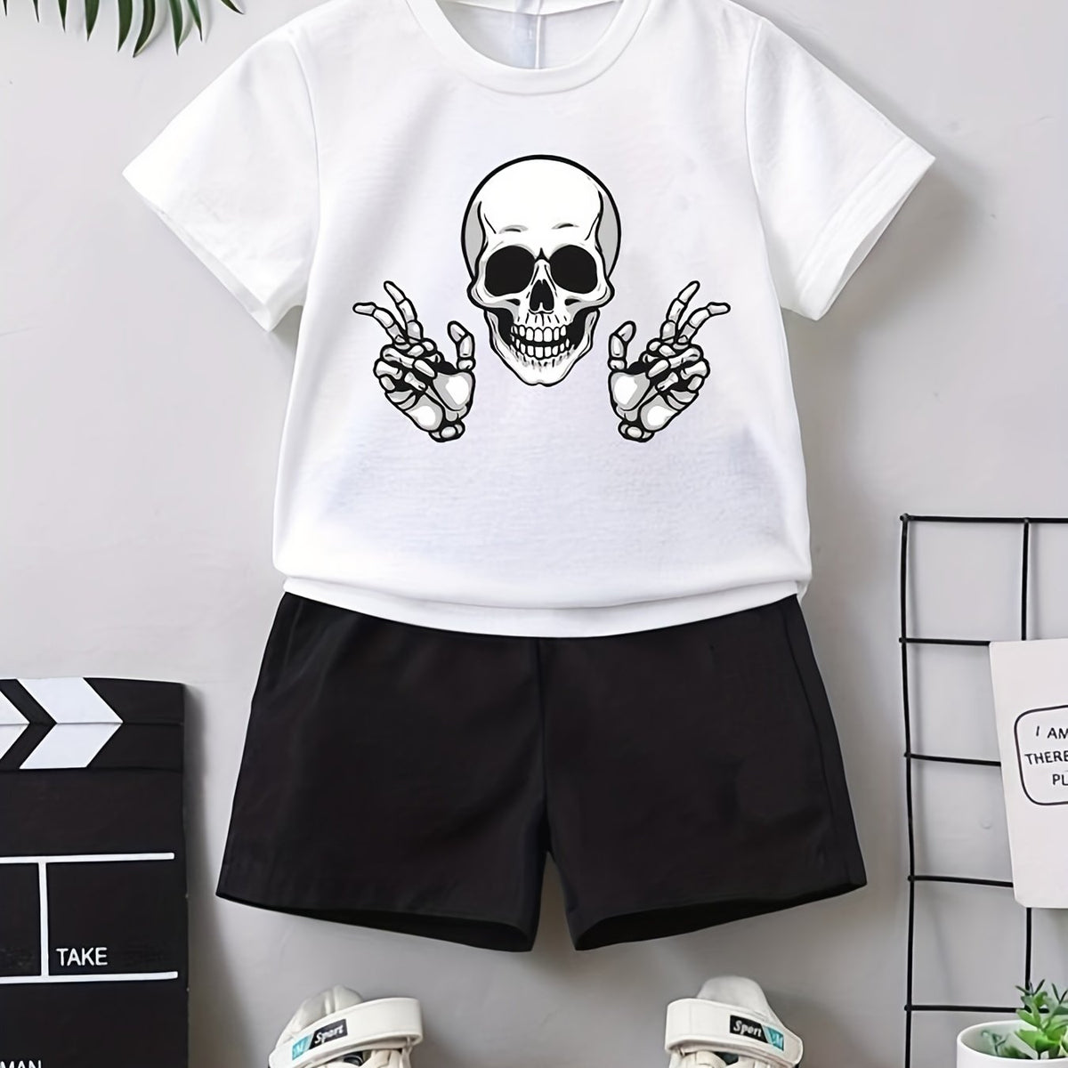Boy's Happy Skull Print 2pcs Set: T-shirt & Shorts