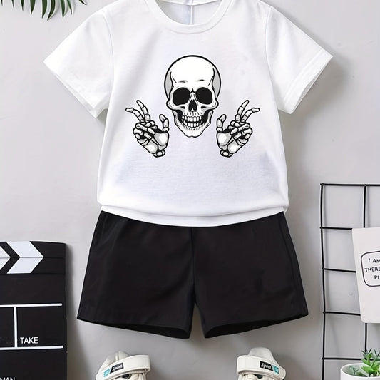 Boy's Happy Skull Print 2pcs Set: T-shirt & Shorts