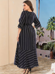  Stripe Print Bell Sleeve Maxi Smock Dress With Belt