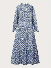  Boho Maxi Dress Allover Print Flounce Sleeve V Neck Smock