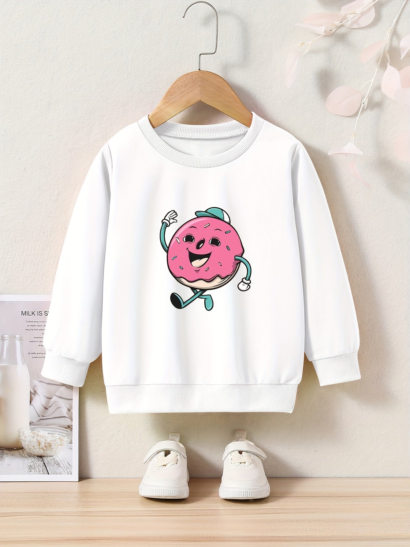 Cartoon Donut Print Girls Sweatshirt Long Sleeve Crew Neck Tops