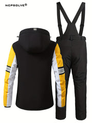 Colorblock Snowflake Ski Set Zip Hooded Jacket & Suspender Trouser