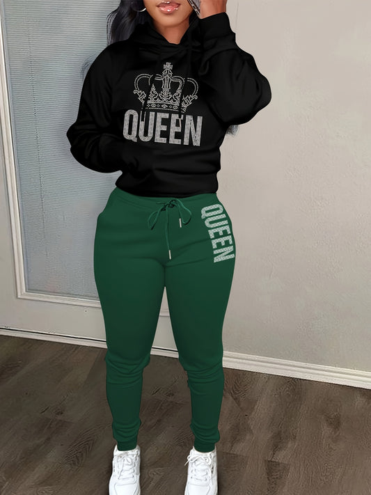 Women's Plus Crown & Letter Print Hoodie & Joggers Outfit Set