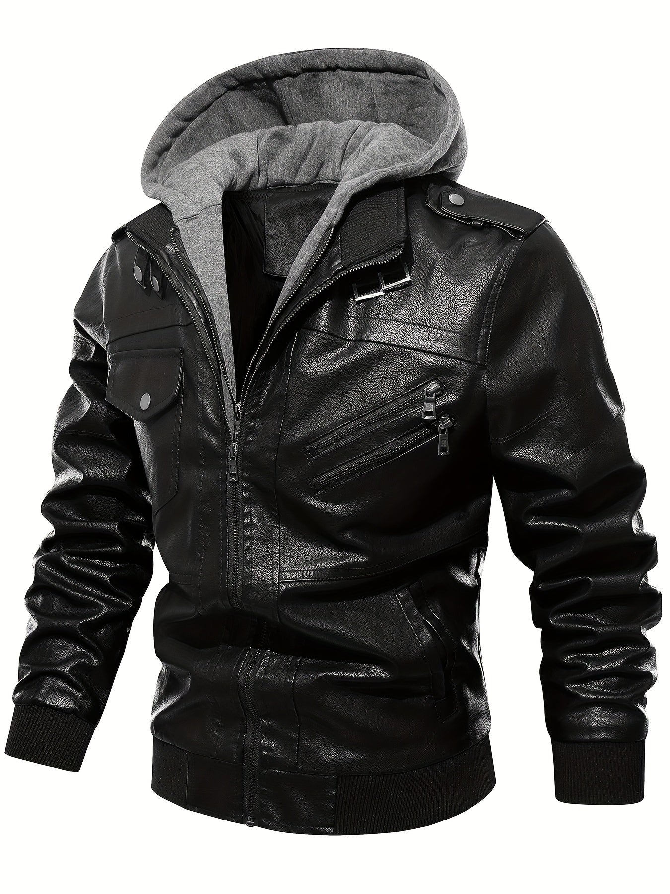 Men's PU Leather Hooded Jacket for Outdoor Cycling