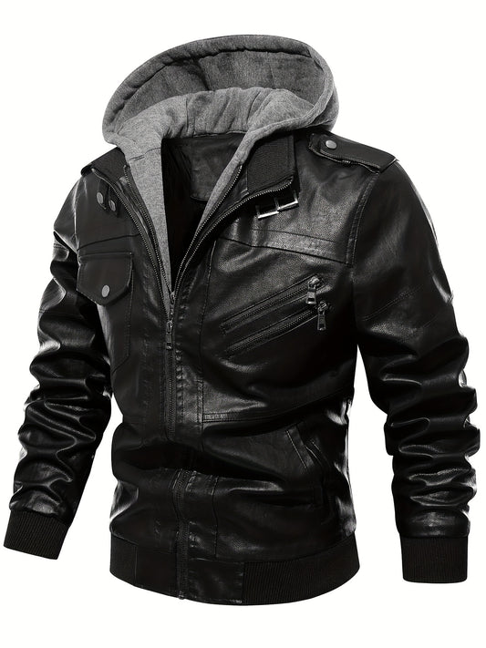 Men's PU Leather Hooded Jacket for Outdoor Cycling