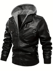 Men's PU Leather Hooded Jacket for Outdoor Cycling