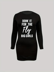  Slogan Print Long Sleeve Stretch Dress