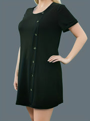  Solid Button Decor Short Sleeve Round Neck Dress