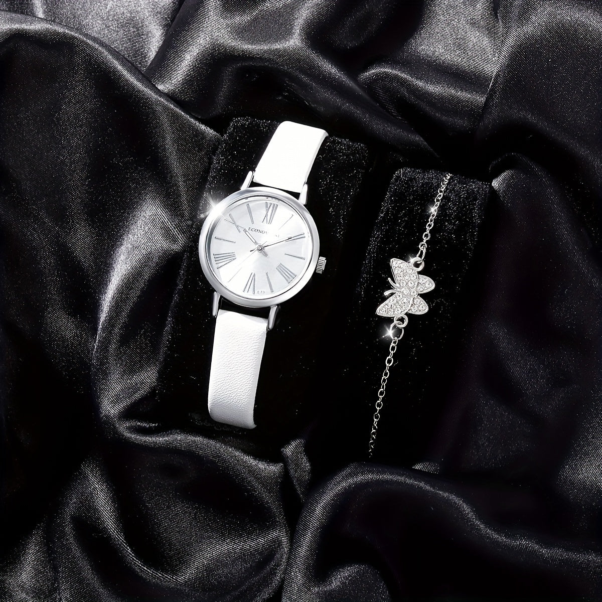 2pcs Student Number Roman Pointer Leather Quartz Watch Set
