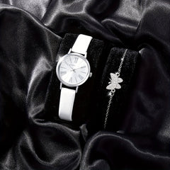2pcs Student Number Roman Pointer Leather Quartz Watch Set