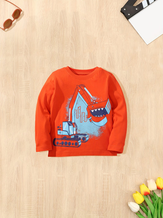Excavator Print Kid's Cotton Pullover Long Sleeve Top