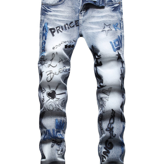 Men's Slim Fit Embroidery Denim Jeans Casual Streetwear Trousers