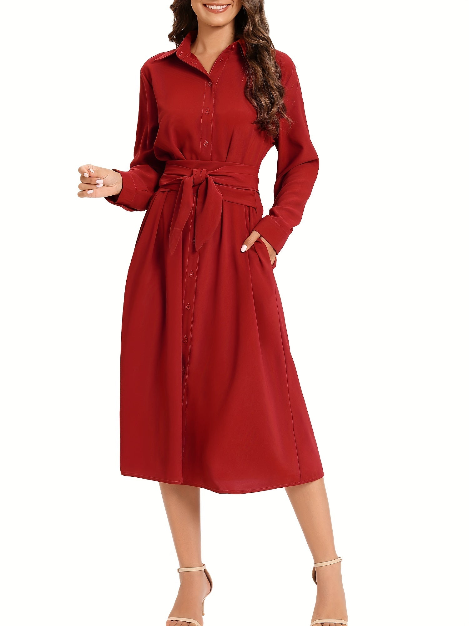 Button Belted Shirt Dress With Pocket Long Sleeve Dress