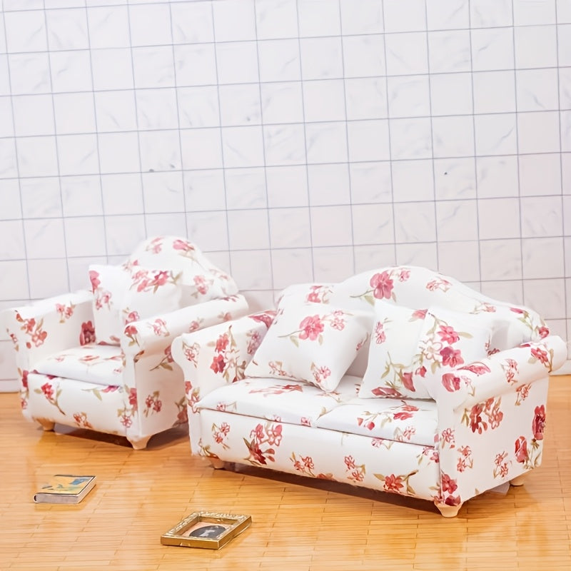 Pink Floral Mini Sofa Set Dollhouse Furniture Decoration