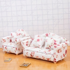 Pink Floral Mini Sofa Set Dollhouse Furniture Decoration