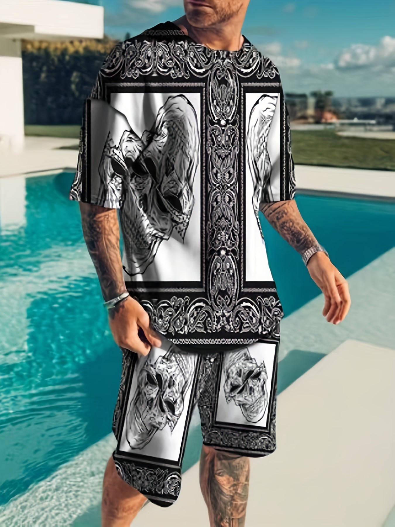 Skull All Over Print Mens 2 Piece Outfits Comfy T shirt And Casual Shorts Set