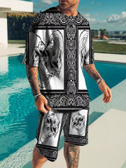 Skull All Over Print Mens 2 Piece Outfits Comfy T shirt And Casual Shorts Set