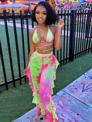 Tie Dye Sexy 2pc Spaghetti Top & Ruffle Pants Beach Set Women's