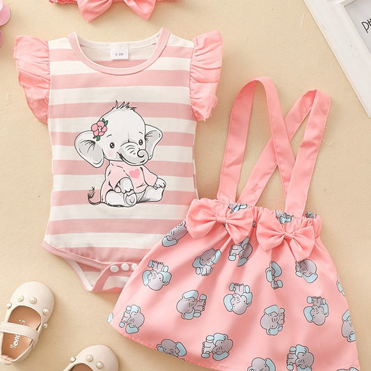 3pcs Newborn Infant Ruffled Sleeves Romper & Elephant Print Suspender Skirt Set