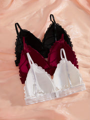 3pcs Lace Wireless Bras Comfy & Breathable Scallop Trim Bra Women's Lingerie