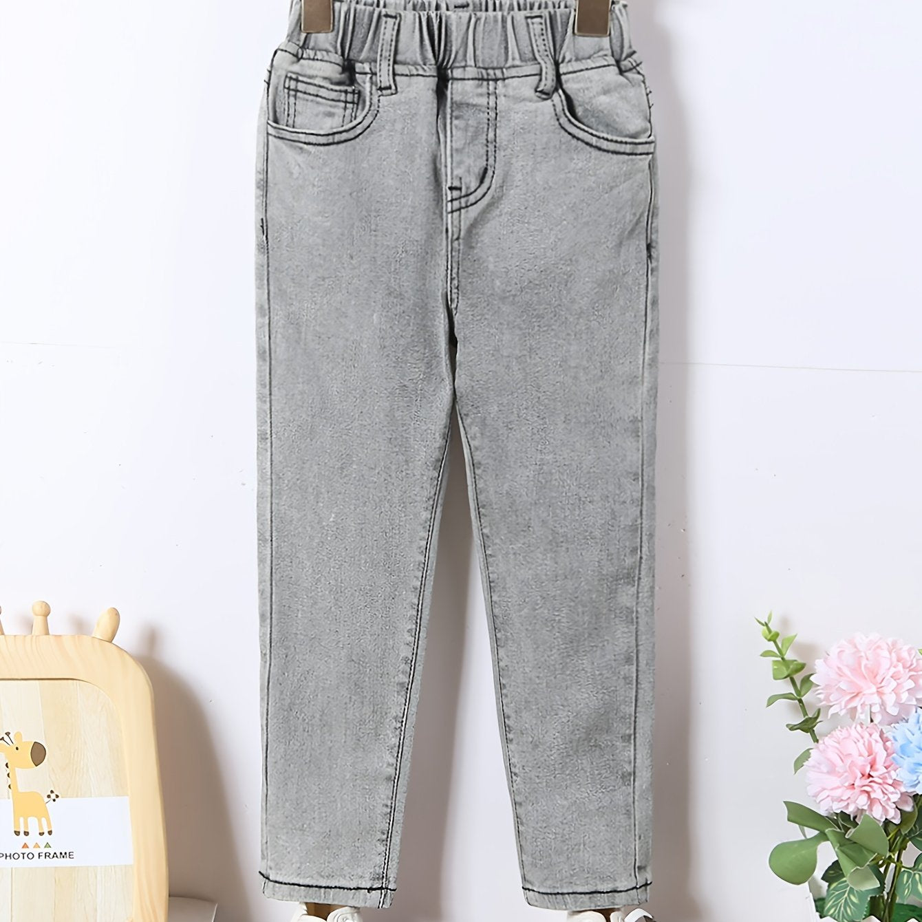 Girls Light Gray Washed Stretch Tapered Denim Trousers
