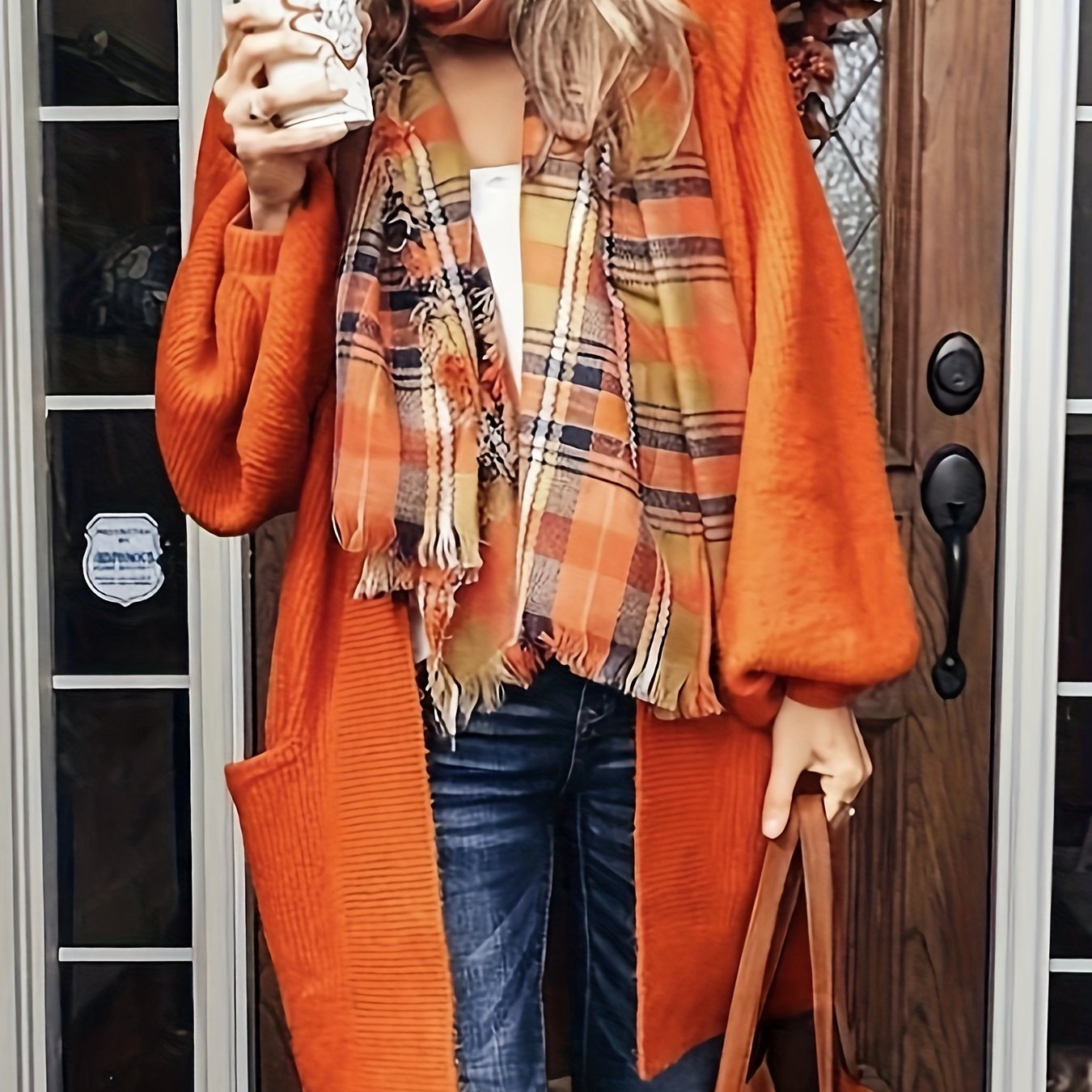  Solid Lantern Sleeve Open Front Knit Cardigan