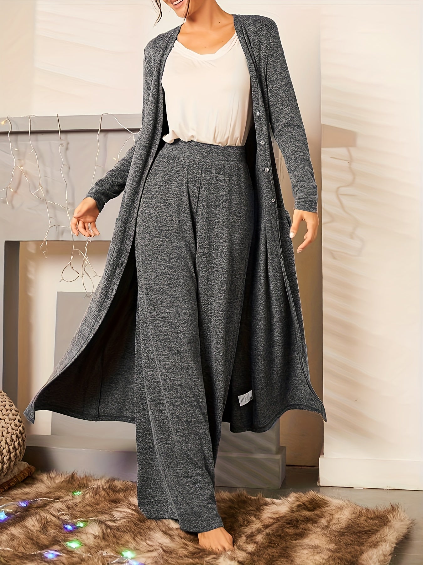  Solid Cardigan & Pants 2 Piece Set
