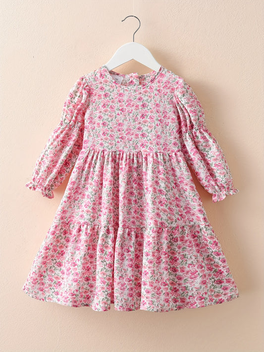 Girls Spring Floral Dress Long Sleeve Swing Flare Dress