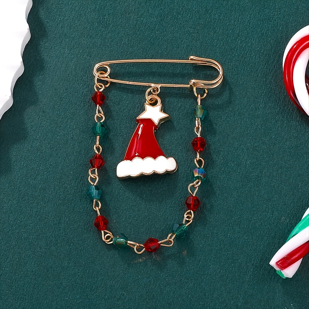 Christmas Hat Chain Pin Festive Holiday Red Gold Green Rhinestone Brooch