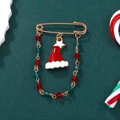Christmas Hat Chain Pin Festive Holiday Red Gold Green Rhinestone Brooch