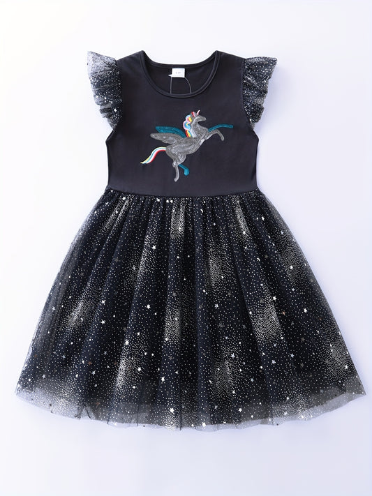 Toddler Girls Ruffle Trim Unicorn Embroidery Party Dress