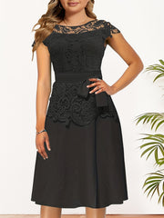 Lace Contrast Cap Sleeve A Line Dress With Belted